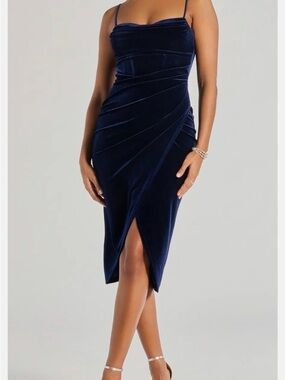 Windsor Midnight Blue Velvet Midi Dress with Front Slit